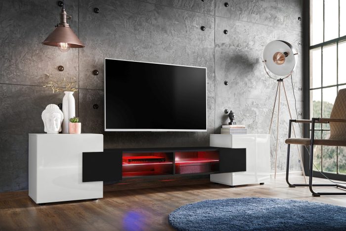 Szafka RTV Merano, Biały/Czarny Oświetlenie LED RGB - obrazek 2