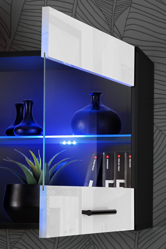 Witryna Półka Wisząca Savona, Biały/Czarny Oświetlenie LED Niebieskie - obrazek 6