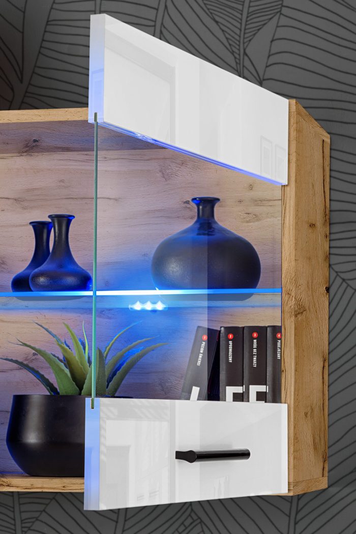 Witryna Półka Wisząca Savona, Biały/Wotan Oświetlenie LED Niebieskie - obrazek 6
