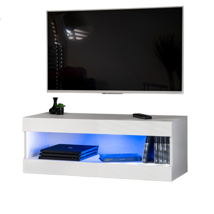 Komodee, Szafka RTV, Tivoli RTV2, Biały/Biały, Szerokość 100cm x Wysokość 36cm x Głębokość 35cm, LED Niebieskie, do Salonu, Sypialni - obrazek 1