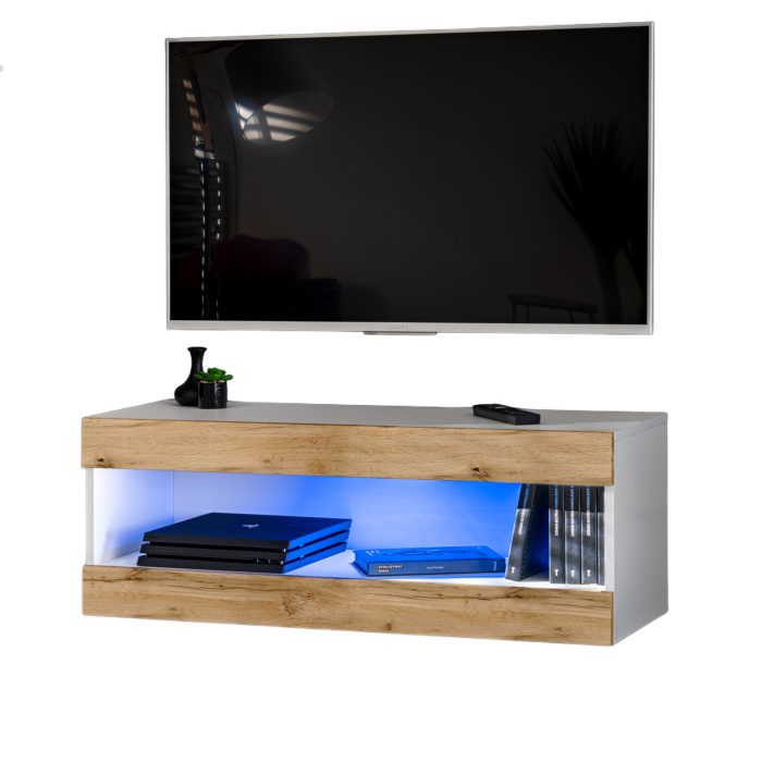 Komodee, Szafka RTV, Tivoli RTV2, Biały/Wotan, Szerokość 100cm x Wysokość 36cm x Głębokość 35cm, LED Niebieskie, do Salonu, Sypialni - obrazek 1