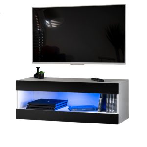 Komodee, Szafka RTV, Tivoli RTV2, Biały/Czarny, Szerokość 100cm x Wysokość 36cm x Głębokość 35cm, LED Niebieskie, do Salonu, Sypialni
