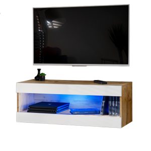 Komodee, Szafka RTV, Tivoli RTV2, Wotan/Biały, Szerokość 100cm x Wysokość 36cm x Głębokość 35cm, LED Niebieskie, do Salonu, Sypialni