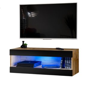 Komodee, Szafka RTV, Tivoli RTV2, Wotan/Czarny, Szerokość 100cm x Wysokość 36cm x Głębokość 35cm, LED Niebieskie, do Salonu, Sypialni