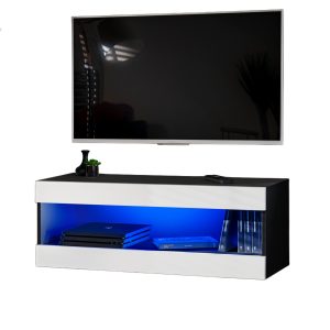 Komodee, Szafka RTV, Tivoli RTV2, Czarny/Biały, Szerokość 100cm x Wysokość 36cm x Głębokość 35cm, LED Niebieskie, do Salonu, Sypialni
