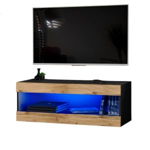 Komodee, Szafka RTV, Tivoli RTV2, Czarny/Wotan, Szerokość 100cm x Wysokość 36cm x Głębokość 35cm, LED Niebieskie, do Salonu, Sypialni