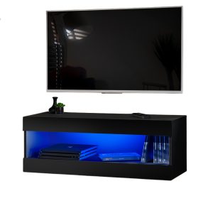 Komodee, Szafka RTV, Tivoli RTV2, Czarny/Czarny, Szerokość 100cm x Wysokość 36cm x Głębokość 35cm, LED Niebieskie, do Salonu, Sypialni