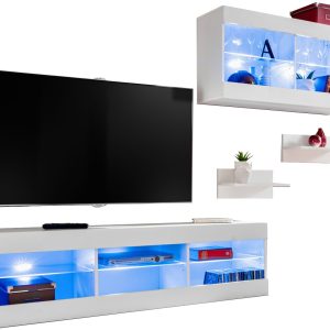 Komodee, Zestaw, Meblościanka, Tivoli SET3, Biały/Biały, Szerokość 240cm x Wysokość 159cm x Głębokość 35cm, LED Niebieskie, do Salonu, Sypialni