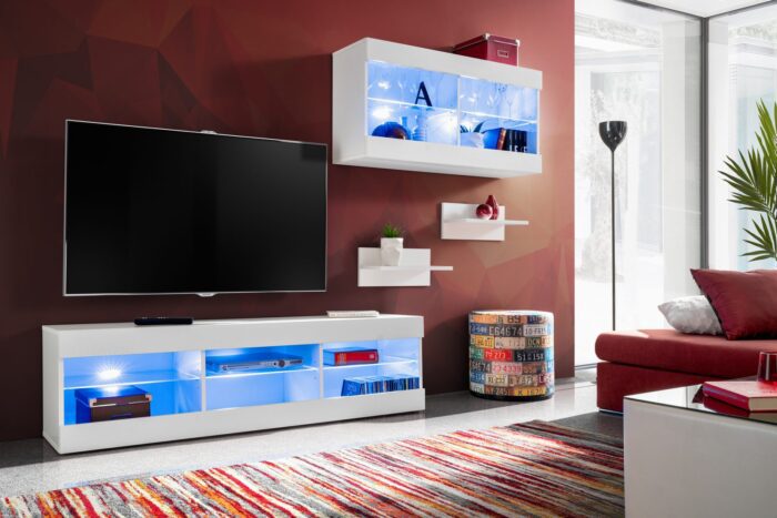 Komodee, Zestaw, Meblościanka, Tivoli SET3, Biały/Biały, Szerokość 240cm x Wysokość 159cm x Głębokość 35cm, LED Niebieskie, do Salonu, Sypialni - obrazek 2