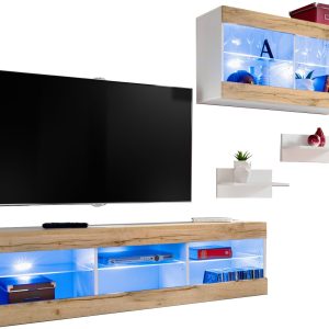 Komodee, Zestaw, Meblościanka, Tivoli SET3, Biały/Wotan, Szerokość 240cm x Wysokość 159cm x Głębokość 35cm, LED Niebieskie, do Salonu, Sypialni