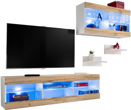 Komodee, Zestaw, Meblościanka, Tivoli SET3, Biały/Wotan, Szerokość 240cm x Wysokość 159cm x Głębokość 35cm, LED Niebieskie, do Salonu, Sypialni