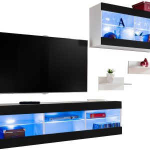 Komodee, Zestaw, Meblościanka, Tivoli SET3, Biały/Czarny, Szerokość 240cm x Wysokość 159cm x Głębokość 35cm, LED Niebieskie, do Salonu, Sypialni