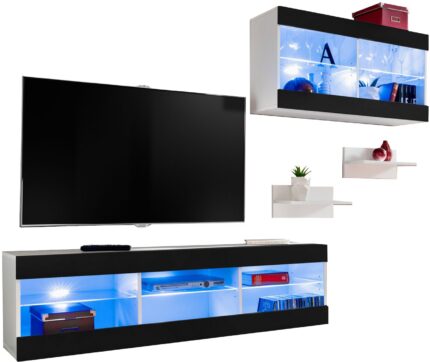 Komodee, Zestaw, Meblościanka, Tivoli SET3, Biały/Czarny, Szerokość 240cm x Wysokość 159cm x Głębokość 35cm, LED Niebieskie, do Salonu, Sypialni