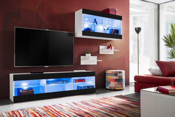 Komodee, Zestaw, Meblościanka, Tivoli SET3, Biały/Czarny, Szerokość 240cm x Wysokość 159cm x Głębokość 35cm, LED Niebieskie, do Salonu, Sypialni - obrazek 2
