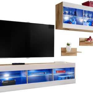 Komodee, Zestaw, Meblościanka, Tivoli SET3, Wotan/Biały, Szerokość 240cm x Wysokość 159cm x Głębokość 35cm, LED Niebieskie, do Salonu, Sypialni