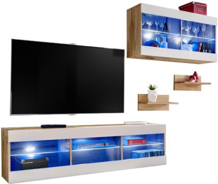 Komodee, Zestaw, Meblościanka, Tivoli SET3, Wotan/Biały, Szerokość 240cm x Wysokość 159cm x Głębokość 35cm, LED Niebieskie, do Salonu, Sypialni