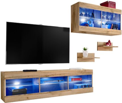 Komodee, Zestaw, Meblościanka, Tivoli SET3, Wotan/Wotan, Szerokość 240cm x Wysokość 159cm x Głębokość 35cm, LED Niebieskie, do Salonu, Sypialni