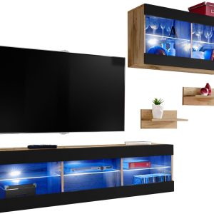 Komodee, Zestaw, Meblościanka, Tivoli SET3, Wotan/Czarny, Szerokość 240cm x Wysokość 159cm x Głębokość 35cm, LED Niebieskie, do Salonu, Sypialni