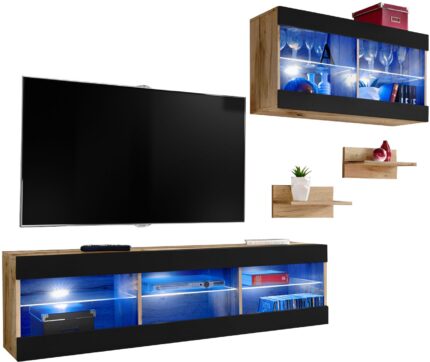 Komodee, Zestaw, Meblościanka, Tivoli SET3, Wotan/Czarny, Szerokość 240cm x Wysokość 159cm x Głębokość 35cm, LED Niebieskie, do Salonu, Sypialni