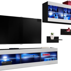 Komodee, Zestaw, Meblościanka, Tivoli SET3, Czarny/Biały, Szerokość 240cm x Wysokość 159cm x Głębokość 35cm, LED Niebieskie, do Salonu, Sypialni