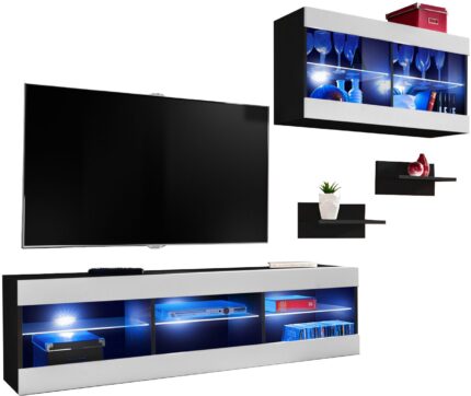 Komodee, Zestaw, Meblościanka, Tivoli SET3, Czarny/Biały, Szerokość 240cm x Wysokość 159cm x Głębokość 35cm, LED Niebieskie, do Salonu, Sypialni