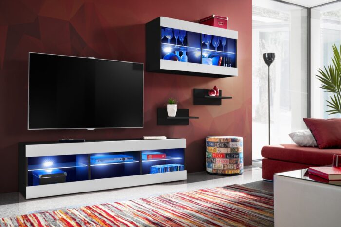 Komodee, Zestaw, Meblościanka, Tivoli SET3, Czarny/Biały, Szerokość 240cm x Wysokość 159cm x Głębokość 35cm, LED Niebieskie, do Salonu, Sypialni - obrazek 2