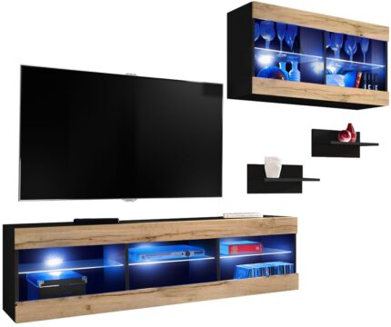 Komodee, Zestaw, Meblościanka, Tivoli SET3, Czarny/Wotan, Szerokość 240cm x Wysokość 159cm x Głębokość 35cm, LED Niebieskie, do Salonu, Sypialni
