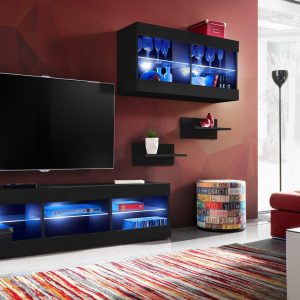 Komodee, Zestaw, Meblościanka, Tivoli SET3, Czarny/Czarny, Szerokość 240cm x Wysokość 159cm x Głębokość 35cm, LED Niebieskie, do Salonu, Sypialni