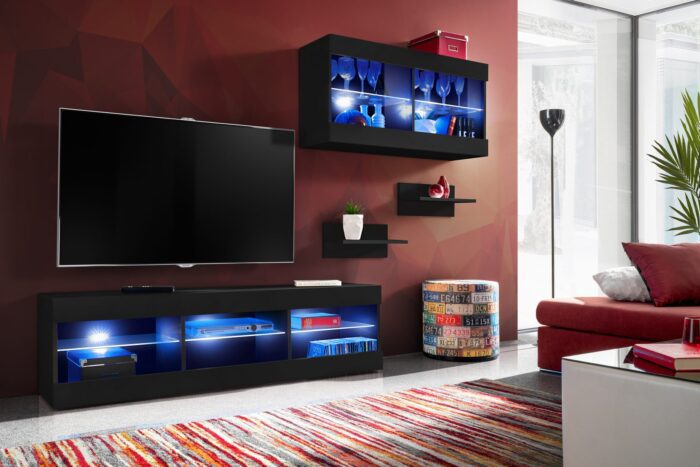 Komodee, Zestaw, Meblościanka, Tivoli SET3, Czarny/Czarny, Szerokość 240cm x Wysokość 159cm x Głębokość 35cm, LED Niebieskie, do Salonu, Sypialni - obrazek 2