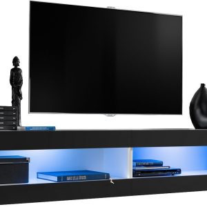 Komodee, Zestaw, Meblościanka, Tivoli SET4, Biały/Czarny, Szerokość 200cm x Wysokość 41cm x Głębokość 35cm, LED Niebieskie, do Salonu, Sypialni