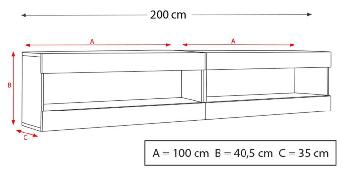 Komodee, Zestaw, Meblościanka, Tivoli SET4, Biały/Czarny, Szerokość 200cm x Wysokość 41cm x Głębokość 35cm, LED Niebieskie, do Salonu, Sypialni - obrazek 3