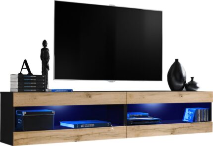 Komodee, Zestaw, Meblościanka, Tivoli SET4, Czarny/Wotan, Szerokość 200cm x Wysokość 41cm x Głębokość 35cm, LED Niebieskie, do Salonu, Sypialni