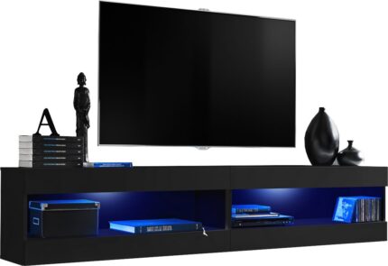 Komodee, Zestaw, Meblościanka, Tivoli SET4, Czarny/Czarny, Szerokość 200cm x Wysokość 41cm x Głębokość 35cm, LED Niebieskie, do Salonu, Sypialni