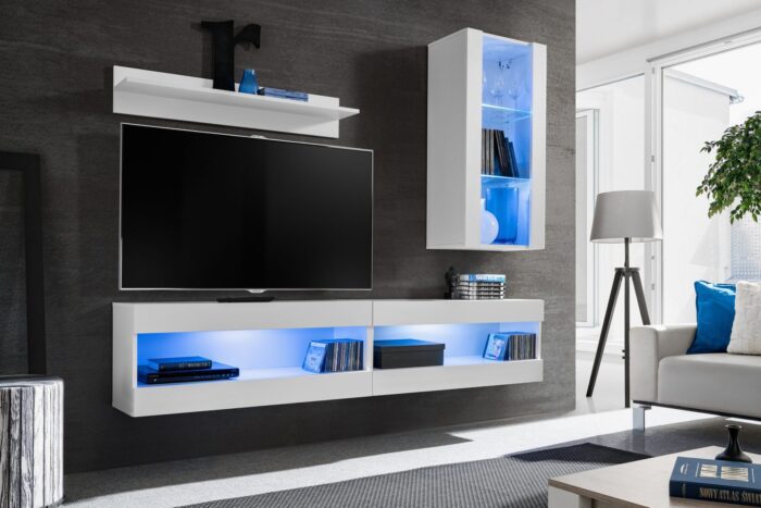 Komodee, Zestaw, Meblościanka, Tivoli SET5, Biały/Biały, Szerokość 200cm x Wysokość 195cm x Głębokość 35cm, LED Niebieskie, do Salonu, Sypialni - obrazek 2
