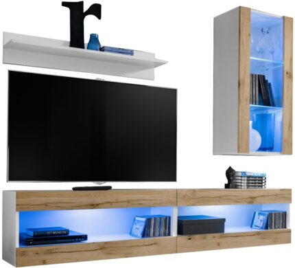 Komodee, Zestaw, Meblościanka, Tivoli SET5, Biały/Wotan, Szerokość 200cm x Wysokość 195cm x Głębokość 35cm, LED Niebieskie, do Salonu, Sypialni