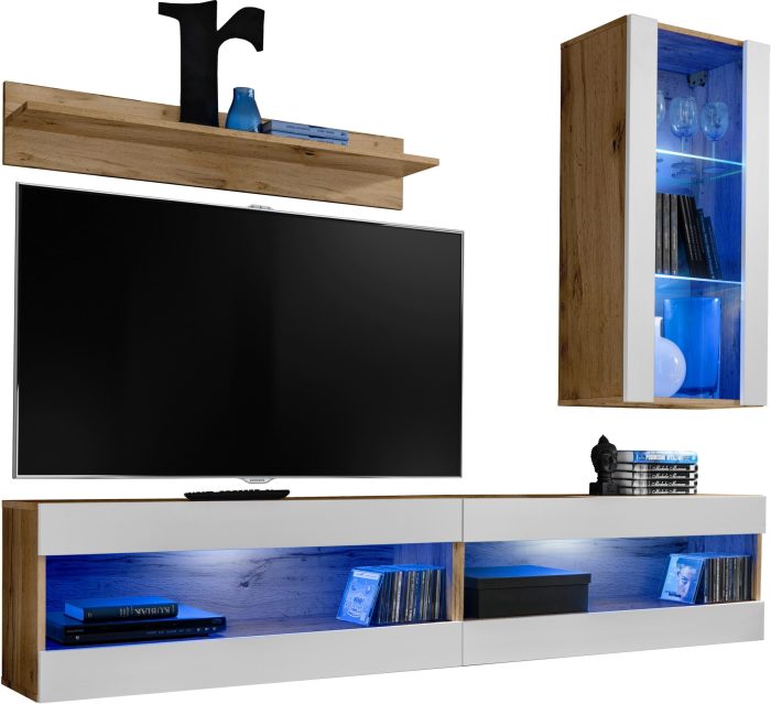 Komodee, Zestaw, Meblościanka, Tivoli SET5, Wotan/Biały, Szerokość 200cm x Wysokość 195cm x Głębokość 35cm, LED Niebieskie, do Salonu, Sypialni - obrazek 1
