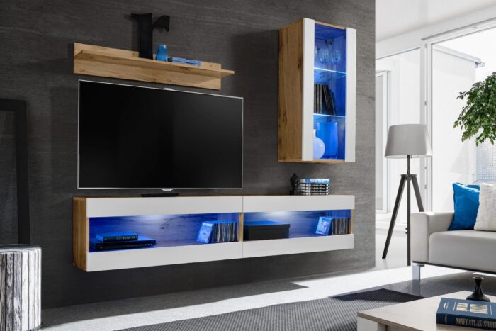 Komodee, Zestaw, Meblościanka, Tivoli SET5, Wotan/Biały, Szerokość 200cm x Wysokość 195cm x Głębokość 35cm, LED Niebieskie, do Salonu, Sypialni - obrazek 2