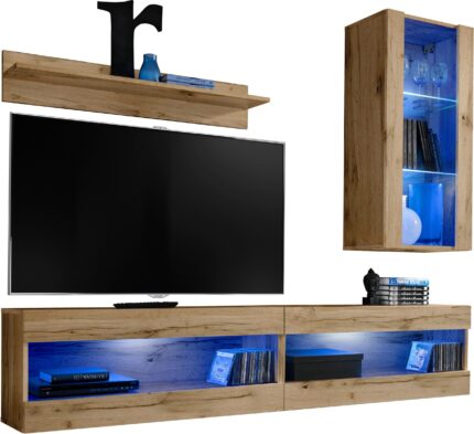 Komodee, Zestaw, Meblościanka, Tivoli SET5, Wotan/Wotan, Szerokość 200cm x Wysokość 195cm x Głębokość 35cm, LED Niebieskie, do Salonu, Sypialni