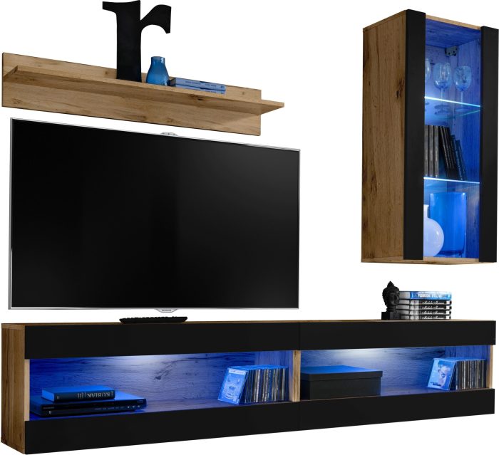 Komodee, Zestaw, Meblościanka, Tivoli SET5, Wotan/Czarny, Szerokość 200cm x Wysokość 195cm x Głębokość 35cm, LED Niebieskie, do Salonu, Sypialni - obrazek 1