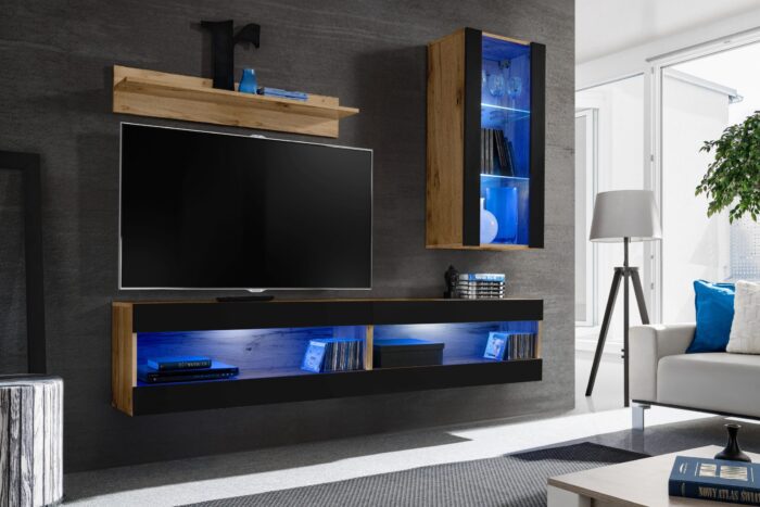 Komodee, Zestaw, Meblościanka, Tivoli SET5, Wotan/Czarny, Szerokość 200cm x Wysokość 195cm x Głębokość 35cm, LED Niebieskie, do Salonu, Sypialni - obrazek 2