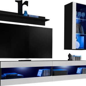 Komodee, Zestaw, Meblościanka, Tivoli SET5, Czarny/Biały, Szerokość 200cm x Wysokość 195cm x Głębokość 35cm, LED Niebieskie, do Salonu, Sypialni