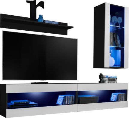 Komodee, Zestaw, Meblościanka, Tivoli SET5, Czarny/Biały, Szerokość 200cm x Wysokość 195cm x Głębokość 35cm, LED Niebieskie, do Salonu, Sypialni