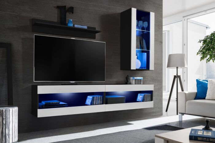 Komodee, Zestaw, Meblościanka, Tivoli SET5, Czarny/Biały, Szerokość 200cm x Wysokość 195cm x Głębokość 35cm, LED Niebieskie, do Salonu, Sypialni - obrazek 2