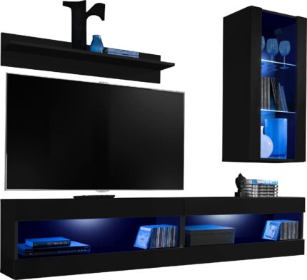 Komodee, Zestaw, Meblościanka, Tivoli SET5, Czarny/Czarny, Szerokość 200cm x Wysokość 195cm x Głębokość 35cm, LED Niebieskie, do Salonu, Sypialni