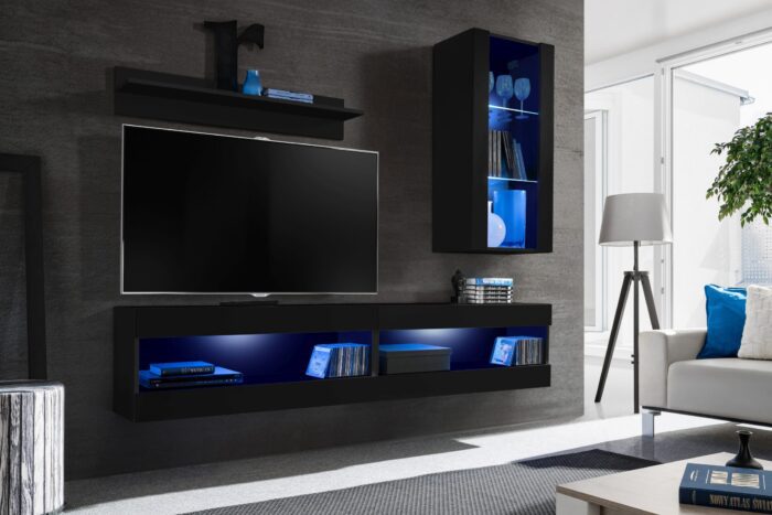 Komodee, Zestaw, Meblościanka, Tivoli SET5, Czarny/Czarny, Szerokość 200cm x Wysokość 195cm x Głębokość 35cm, LED Niebieskie, do Salonu, Sypialni - obrazek 2