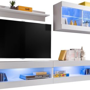 Komodee, Zestaw, Meblościanka, Tivoli SET6, Biały/Biały, Szerokość 200cm x Wysokość 195cm x Głębokość 35cm, LED Niebieskie, do Salonu, Sypialni