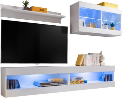 Komodee, Zestaw, Meblościanka, Tivoli SET6, Biały/Biały, Szerokość 200cm x Wysokość 195cm x Głębokość 35cm, LED Niebieskie, do Salonu, Sypialni