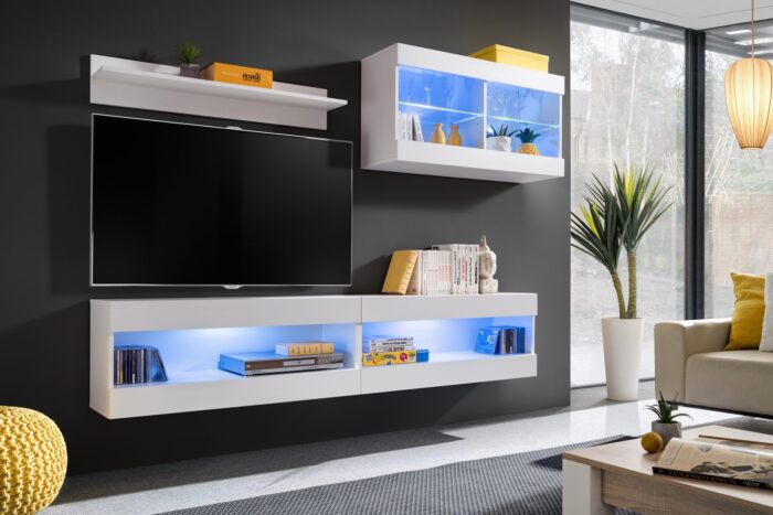 Komodee, Zestaw, Meblościanka, Tivoli SET6, Biały/Biały, Szerokość 200cm x Wysokość 195cm x Głębokość 35cm, LED Niebieskie, do Salonu, Sypialni - obrazek 2