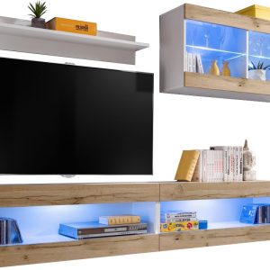 Komodee, Zestaw, Meblościanka, Tivoli SET6, Biały/Wotan, Szerokość 200cm x Wysokość 195cm x Głębokość 35cm, LED Niebieskie, do Salonu, Sypialni