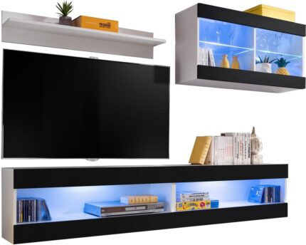 Komodee, Zestaw, Meblościanka, Tivoli SET6, Biały/Czarny, Szerokość 200cm x Wysokość 195cm x Głębokość 35cm, LED Niebieskie, do Salonu, Sypialni